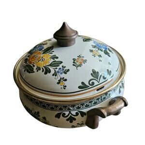 Vintage Asta Enamelware Old Amsterdam Dutch Oven 7 Floral Brass Handles Lid Pot